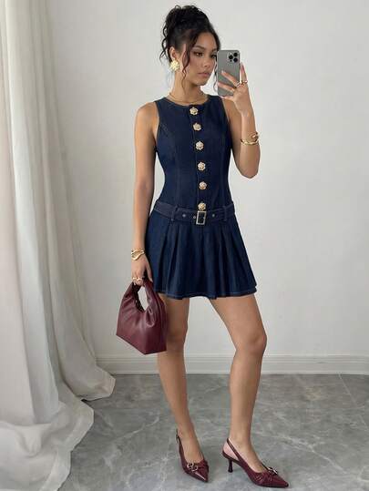 Elenzga Đầm denim không tay màu trơn tối giản dành cho nữ, thích hợp mặc hàng ngày.