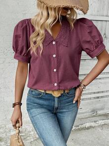 EMERY ROSE Solid Color Regular Shoulder Petal Sleeve Front Button Loose Casual Summer Shirt - Purple - View 7
