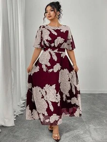 Modelyn Plus Size Women's Elegant Round Neck Ruffle Flare Sleeve Fitted Flowy Maxi Chiffon Dress, Spring/Summer - Red - View 5