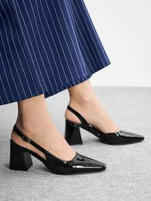 CUCCOO BIZCHIC 女士时尚高跟粗跟黑色镜面后跟带内衬太空鞋简约通勤优雅基本款户外节日度假办公女鞋 - 黑色 - 查看 5