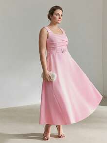 MOTF PREMIUM PLUS SIZE WOMEN'S ASYMMETRICAL RUCHED BUST BELTED WAIST FLARE DRESS, SPRING/SUMMER - Pink - View 6