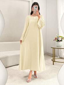 Đầm maxi dài tay màu trơn thanh lịch với họa tiết hoa thêu, gấu váy phồng. - Màu be - Xem 5