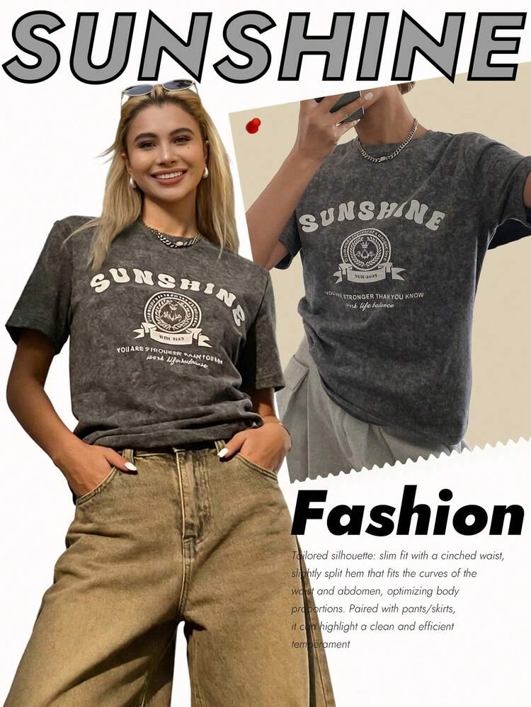 Women's Distressed Fabric Round Neck Loose Letter Print Casual Street T-Shirt Graphic Tees Women
