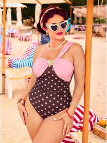 Swim Vcay 2026 Spring New Plus Size Women's One-Piece Polka Dot High Waist Ruched Design Swimsuit - Multicolor - View 3