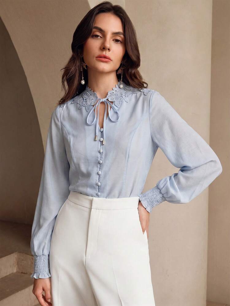 Women's Casual Floral Collar Tie-Front Long Sleeve Blouse, Elegant And Graceful, Spring/Summer