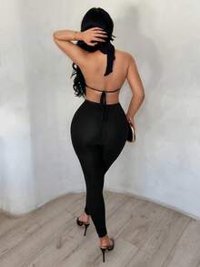 SHEIN SXY 女士纯色露背金属装饰镂空性感日常连体裤 - 黑色 - 查看 3