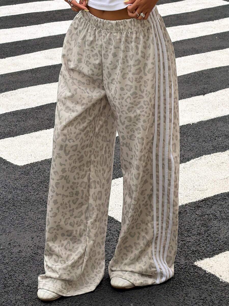 SHEIN Muchic Women's Elastic Waist Casual Versatile Commuting Wide Leg Sweatpants Cheetah Print Bottoms - Multicolor - View 1