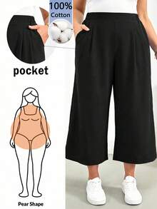 SHEIN Essnce Quần dài nữ cỡ lớn màu đen, chất liệu 100% cotton, dáng rộng, có túi. - màu đen - Xem 1