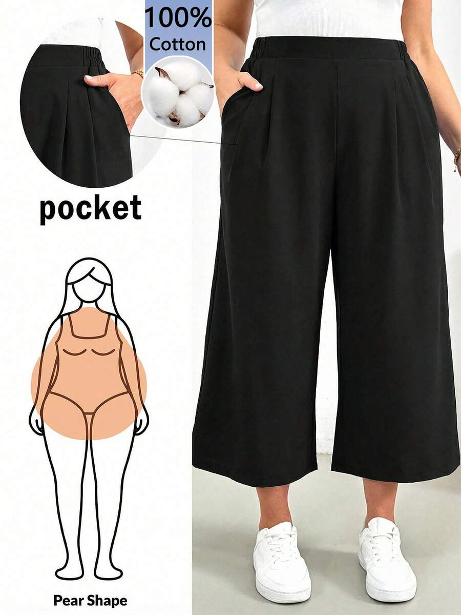 SHEIN Essnce Quần dài nữ cỡ lớn màu đen, chất liệu 100% cotton, dáng rộng, có túi. - màu đen - Xem 1