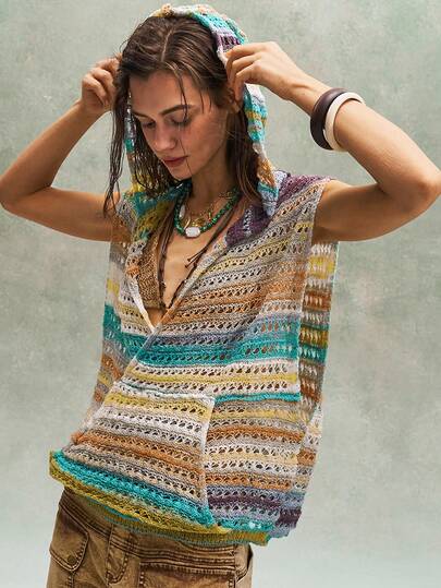 Bohemela Áo hoodie nữ phối màu có túi, kiểu dáng thường ngày đa năng, chất liệu dệt kim.