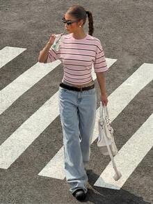 SHEIN Muchic Casual Minimalist Style Preppy Style Pink, Apricot, Brown Striped Women T-Shirt, Suitable For Spring/Summer - Multicolor - View 7