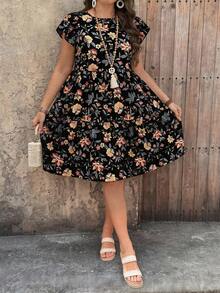 EMERY ROSE Damen Große Größen Kleid mit Blume Muster und locker sitzenden Ärmeln, lässiges Urlaubskleid für Frühling/Sommer - Schwarz - Übersicht 5