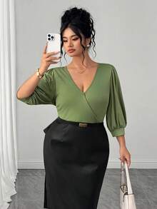 SHEIN Clasi CURVE 大码V领灯笼袖优雅都市时尚女式衬衫 - 綠色 - 查看 3