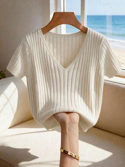 SHEIN Franclia New Summer Tops Women's Ivory Ribbed Knit Short Sleeve V-Neck Top, Slim Fitted Silhouette, Scalloped Hem, Vertical Stripe Texture, Casual Minimalist Style