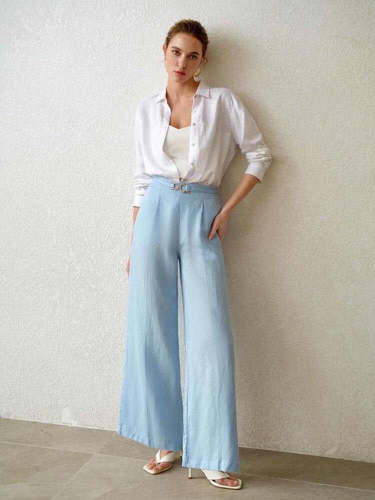 LINEN MINIMALIST ELEGANT DECORATIVE BUTTON WIDE LEG SUIT PANTS, SPRING/SUMMER