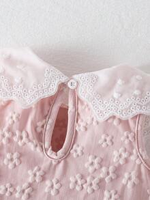 SHEIN Elladie kids 女婴甜美花卉刺绣领公主裙，无袖黄色碎花面料夏季连衣裙 - 粉色 - 查看 7