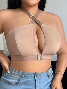 SHEIN Plus Size Front Closure Wireless Comfort Halter Bra - Camel - View 4