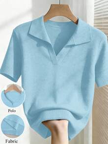 Franclia Blusa de punto ajustada de manga corta, cuello vuelto, unicolor, casual y sencilla para mujer, tallas grandes, para primavera/verano - Azul menta - Ver 1