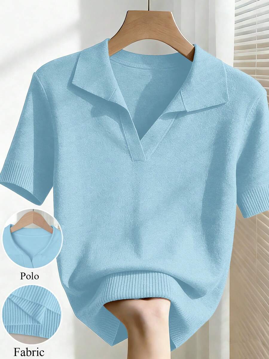Franclia Blusa de punto ajustada de manga corta, cuello vuelto, unicolor, casual y sencilla para mujer, tallas grandes, para primavera/verano - Azul menta - Ver 1
