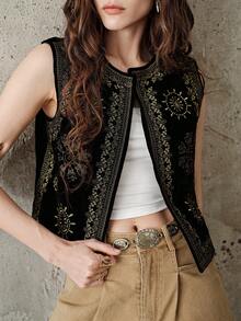 Aveloria Modichic Women's Retro Sleeveless Floral Patterned Thin Blazer For Summer - Black - View 1