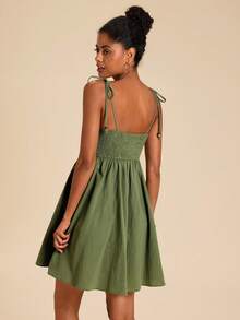 Travachic Green Floral Floral Woven Spaghetti Strap Women's Mini Dress, Suitable For Summer Vacation Garden Party Vacation Picnic Cottagecore Boho - Army Green - View 2