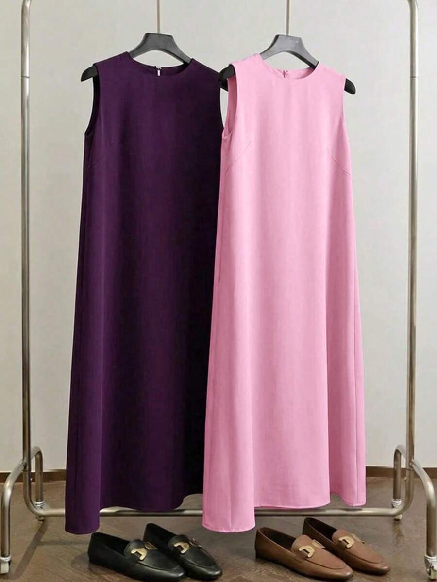 Al Najma Vestido de verano de unicolor con cuello redondo y sin mangas, estilo árabe, talla grande para mujer - Multicolor - Ver 1