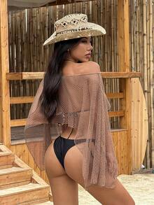 Swim Vcay 性感时尚网纱特殊面料沙滩罩衫，适合夏季沙滩派对 - 棕色 - 查看 2