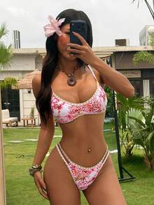 Swim Mod Brauner Polka-Punkt-Muster Rüschen-Saum Süßer Lässig Strand Urlaub Frauen Badeanzug Set - Verschiedenfarbig - Übersicht 4