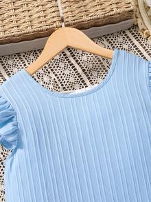 Sparklyn Tween Girls Sweet Spring Tropical Bowknot Round Neck Sleeveless Ruffle Hem Cap Sleeve Mid-Length Dress, Spring/Summer Resort - Baby Blue - View 5