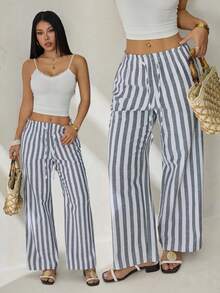 SHEIN PETITE Quần ống rộng dệt sọc đen trắng dành cho nữ, quần đi biển mùa xuân/hè, quần sọc cho nữ, quần hè, quần ống rộng mùa hè, quần ống rộng cho nữ, quần ống rộng sọc. - Đen và trắng - Xem 11