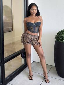 Alexandranx 女式露背吊带交叉拉链休闲牛仔衬衫 - 深色水洗藍 - 查看 5