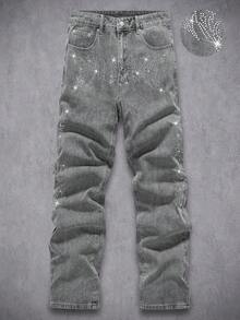 Manfinity Homme Quần jeans ống đứng dáng ôm màu xám bạc, đính đá, phong cách đường phố, thích hợp cho mùa xuân/hè. - Xám - Xem 1