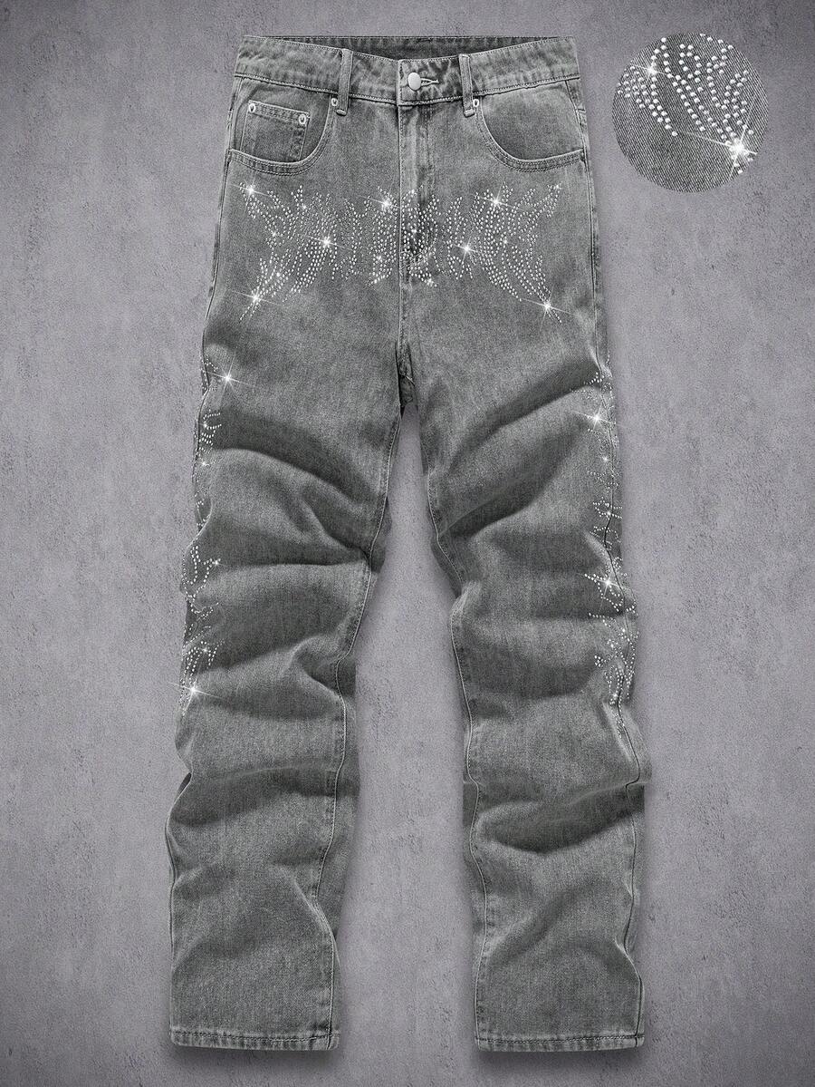 Manfinity Homme Quần jeans ống đứng dáng ôm màu xám bạc, đính đá, phong cách đường phố, thích hợp cho mùa xuân/hè. - Xám - Xem 1