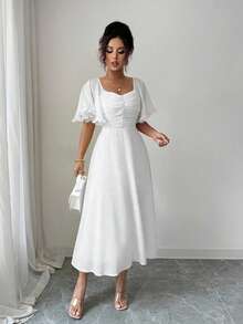Modelyn Women's Solid Butter Yellow Chiffon Ruffle Sleeve Design Summer French Style Vacation Dress - White - View 5