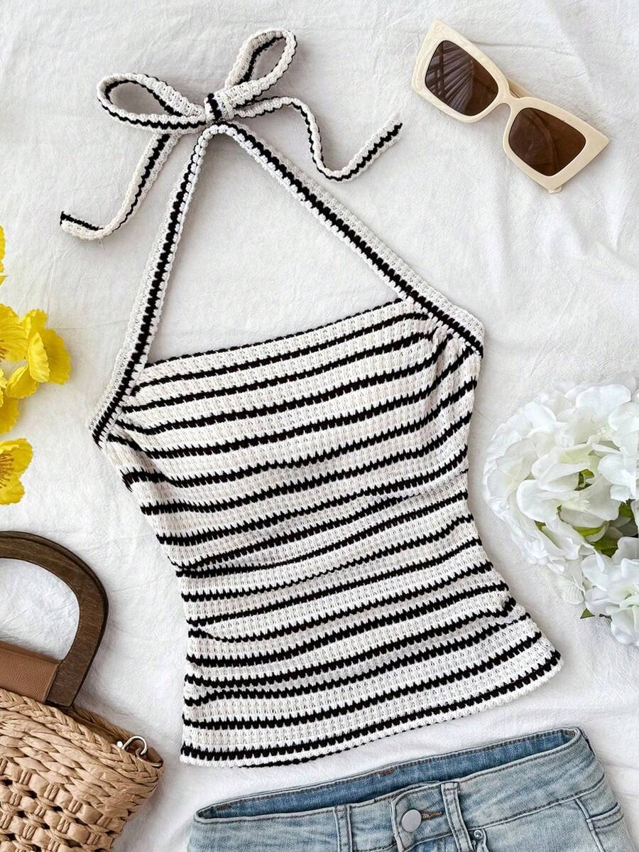 Tween Girls' Summer Knit Textured Striped Halter Neck Camisole - Black and White - View 1