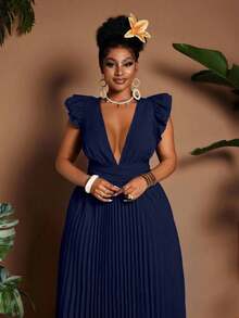 Maweii Plus Size V-Neck Cap Sleeve Ruched Backless Elegant Dress - Navy Blue - View 5