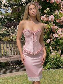 Glamine Charm Áo corset màu hồng buộc dây sau lưng, viền bèo nhún, trang phục mùa hè cho nữ, áo kiểu mùa hè, áo dự tiệc, áo đi chơi cho nữ, trang phục đi nghỉ mát cho nữ, áo màu hồng. - Màu Hồng baby - Xem 4