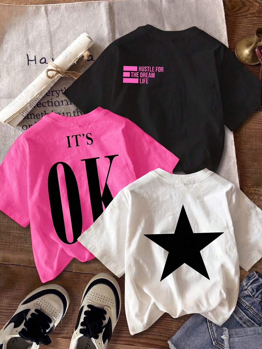 SHEIN Tween 女童休闲简约卡通图案多款 T 恤，适合夏季 - 彩色 - 查看 1