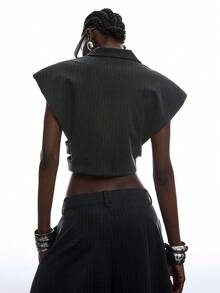 LYSMO Blazer corto de verano sin mangas con cuello de solapa a rayas para mujer - Gris Oscuro - Ver 2