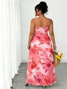 SHEIN Elenzya 大码女士休闲碎花吊带连衣裙，适合海滩、邮轮、城市度假、约会、音乐节、波西米亚海滩度假风格，粉色连衣裙 - 彩色 - 查看 2