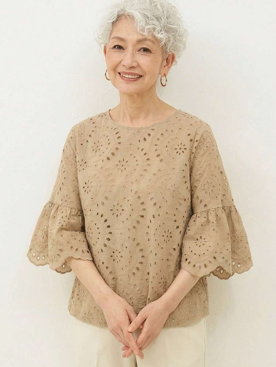 FRIFUL Blusa casual versátil de uso diario con bordado para mujeres de mediana edad y mayores - Caqui - Ver 1