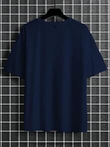 Manfinity Homme Áo thun nam cỡ lớn in họa tiết tối giản cổ tròn tay ngắn - Màu xanh hải quân - Xem 2