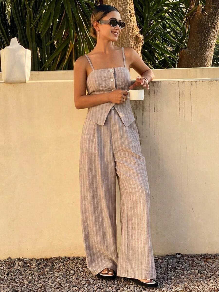 DAZY Conjunto de top de tirantes + pantalones rectos informales, conjunto de camisa para adolescentes - Albaricoque - Ver 1