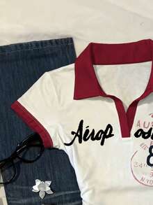 Áo thun ngắn tay xếp ly dáng casual in chữ và số dành cho nữ, thời trang và đa năng. - Nhiều màu - Xem 4