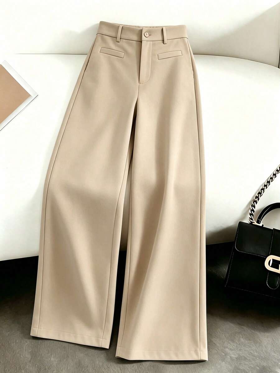 SHEIN Franclia Women's Casual Commuter Zipper Button Closure Pants, Versatile - Khaki - View 1