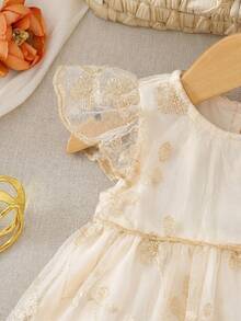 Newborn Baby Girl Elegant Cute White Mesh Embroidered Ruffle Hem Dress - Multicolor - View 3