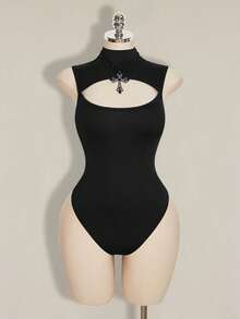 SHEIN ICON 大码女士性感纯色无袖镂空连体衣，夏季 - 黑色 - 查看 3