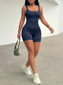 BamGleam Jumpsuit Bodycon Tanpa Lengan Warna Polos Kasual untuk Wanita, Bodysuit Pengontrol Perut untuk Wanita - Navy Blue - View 5