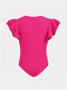 SHEIN Girlism Mono de punto ajustado de unicolor con mangas con volantes para niña preadolescente - Rosa Fucsia - Ver 2