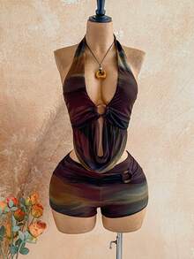 SHEIN WYWH 女士扎染深V领露背上衣和短裤两件套，度假装 - 彩色 - 查看 5